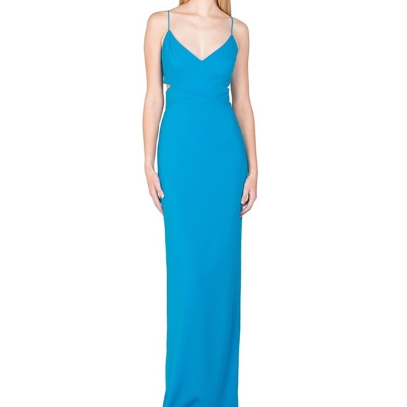 Badgley Mischka Collection Women 6 Teal Crepe Cutout Odessa Crossover Gown - Picture 3 of 13